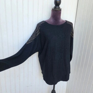 LUNA Womens Black Long Sleeve Knit Sweater Top Shirt Rhinestones Bling Stretch L